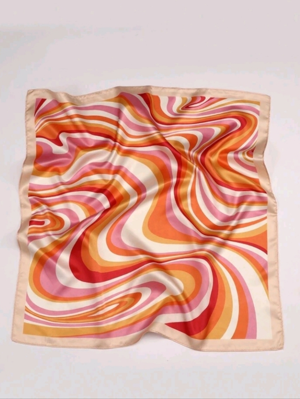 Retro Swirl Pattern Satin Scarf in Pink, Orange & Cream Summer Beach Festival